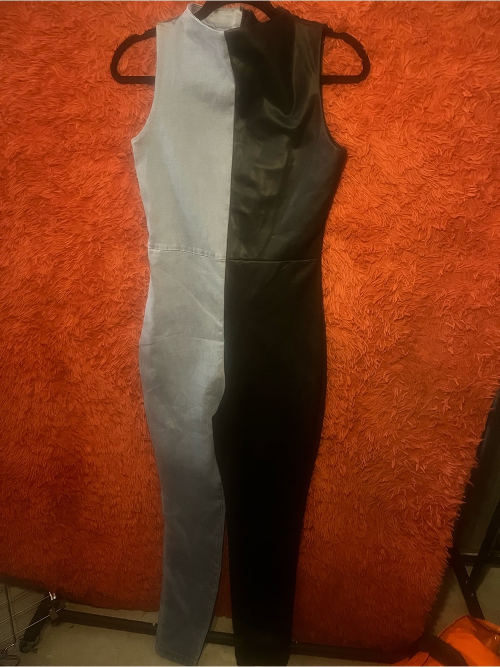 Akira Two-Tone Black Leather & Light Blue Denim Jumpsuit Large New WO Tags